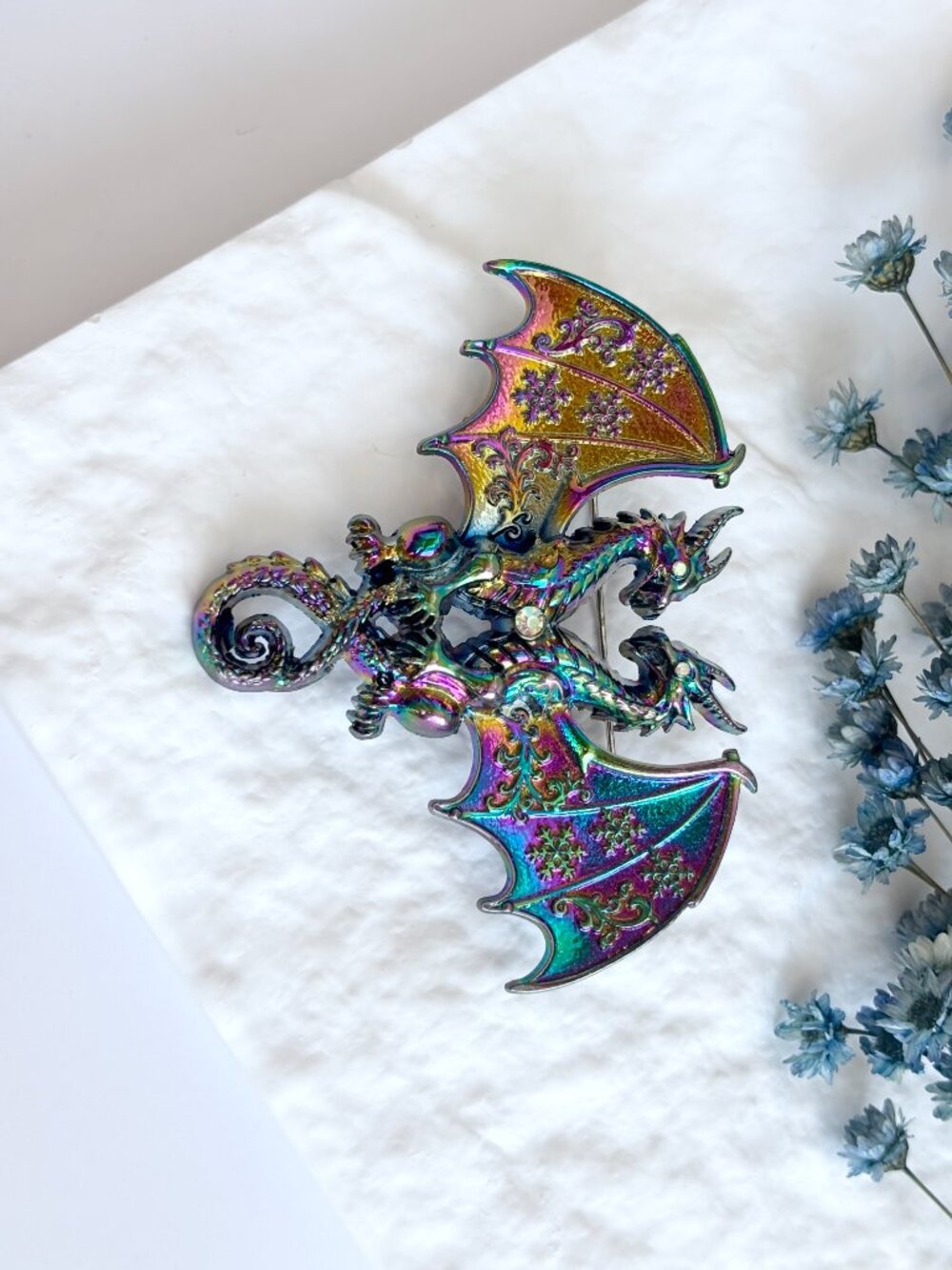 Iridescent Twin Dragon Figural Rhinestone Accented Vintage Inspired Brooch Pin - Picture 2 of 16